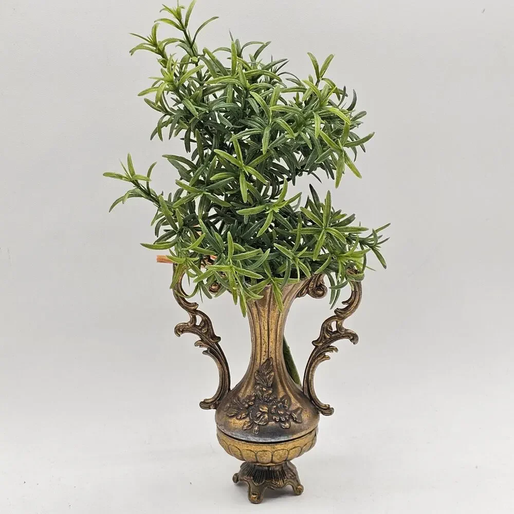 Vintage Italian Metal Bud Vase Gold Tone Ornate Floral Relief Scrolled Handles